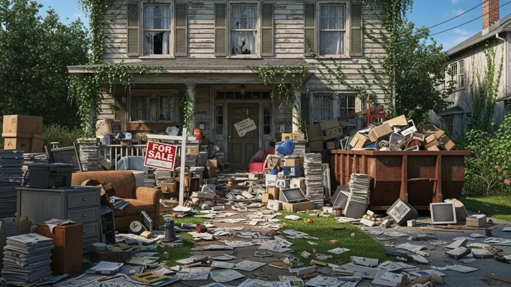 Overgrown house with yard full of trash, a dumpster, and a red for sale sign during a cleanout.