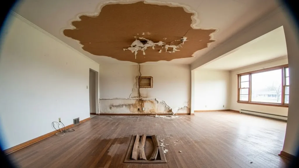 Empty room with major water damage, peeling ceiling plaster, and stained walls showing structural decay.