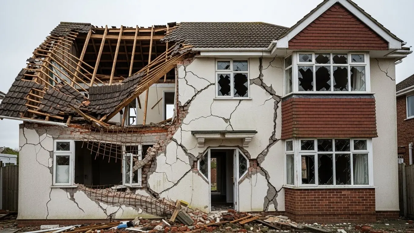 Earthquake damaged white stucco house with deep structural cracks and a partially collapsed roof.