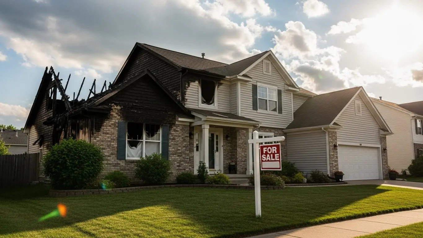 Fire-damaged two-story home with charred roof and broken windows featuring a red for sale sign on a green lawn.