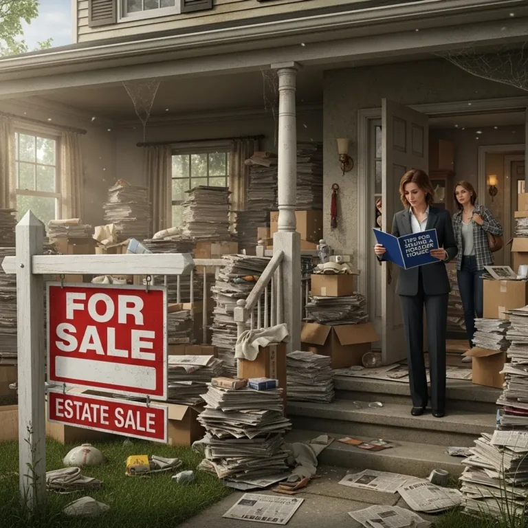 Porch of a hoarder house filled with stacks of newspapers and boxes next to a red estate sale sign.
