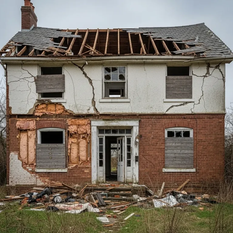 Abandoned brick house with boarded windows, cracked stucco, and a collapsed roof under a cloudy sky.