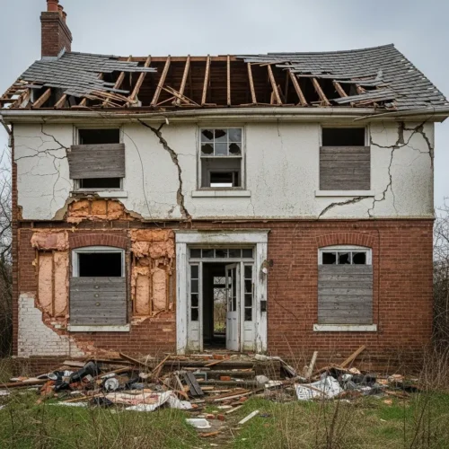 Abandoned brick house with boarded windows, cracked stucco, and a collapsed roof under a cloudy sky.