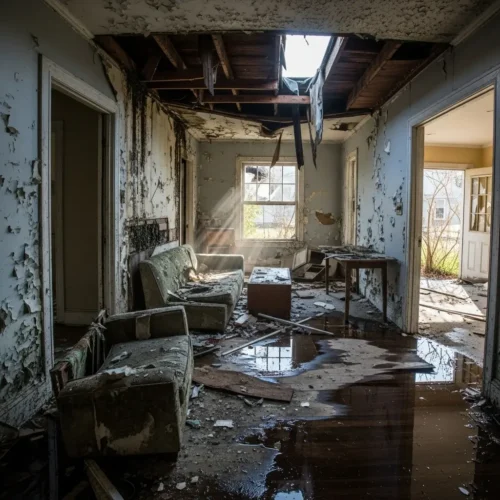 Abandoned living room with collapsed ceiling, peeling paint, moldy furniture, and standing water on the floor.